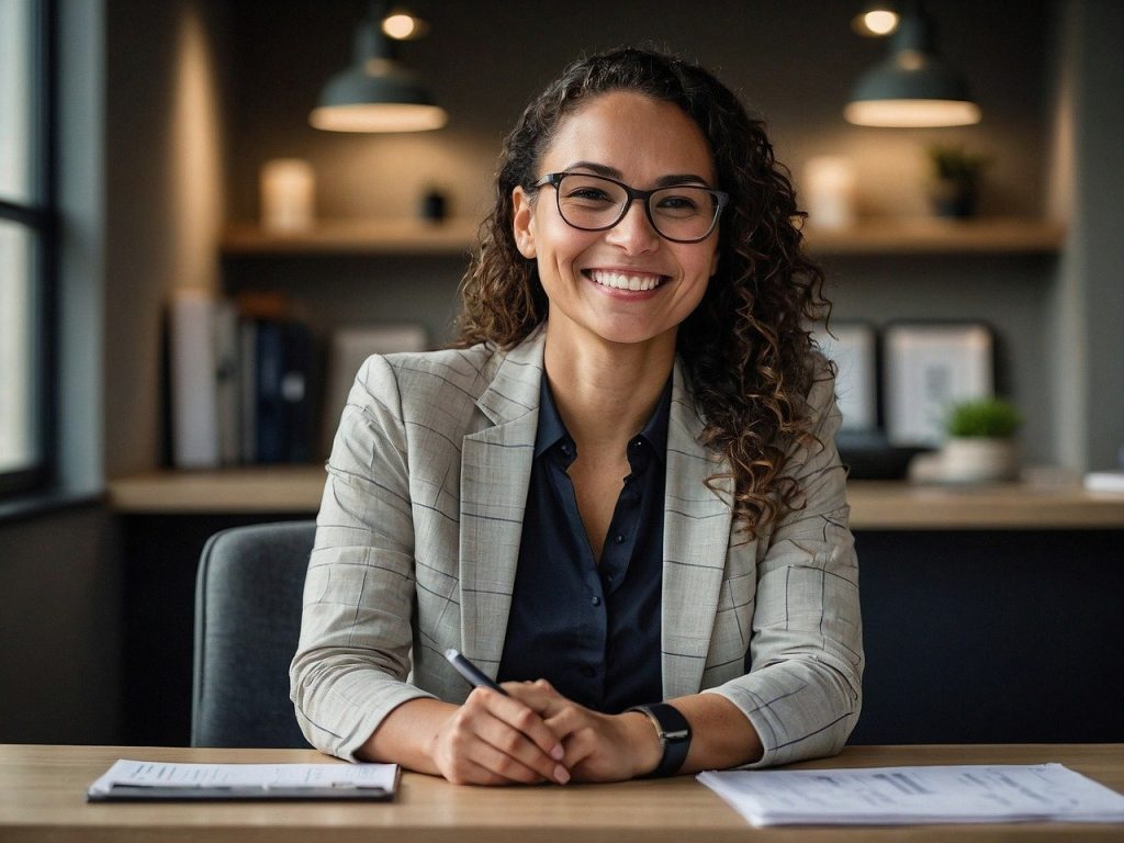 a woman sitting at a desk smiling