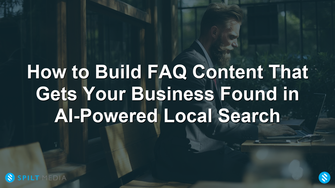 Business owner at cafe on laptop researching FAQ content for local search optimization