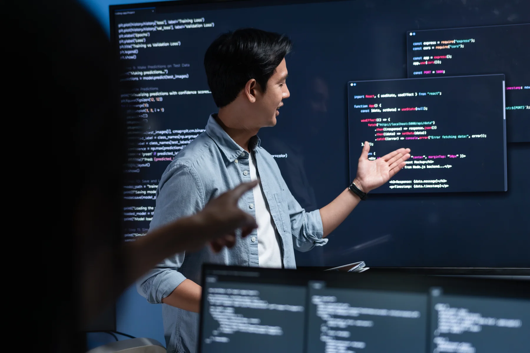 Software engineer explaining code to a team during an AI implementation workshop