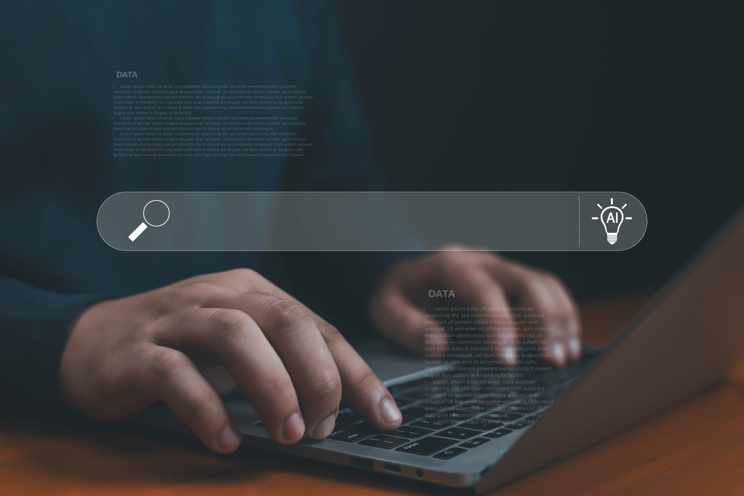 Hands on a laptop keyboard with an AI-powered search bar interface above the results — illustrating how zero-click searches keep users inside the Google interface