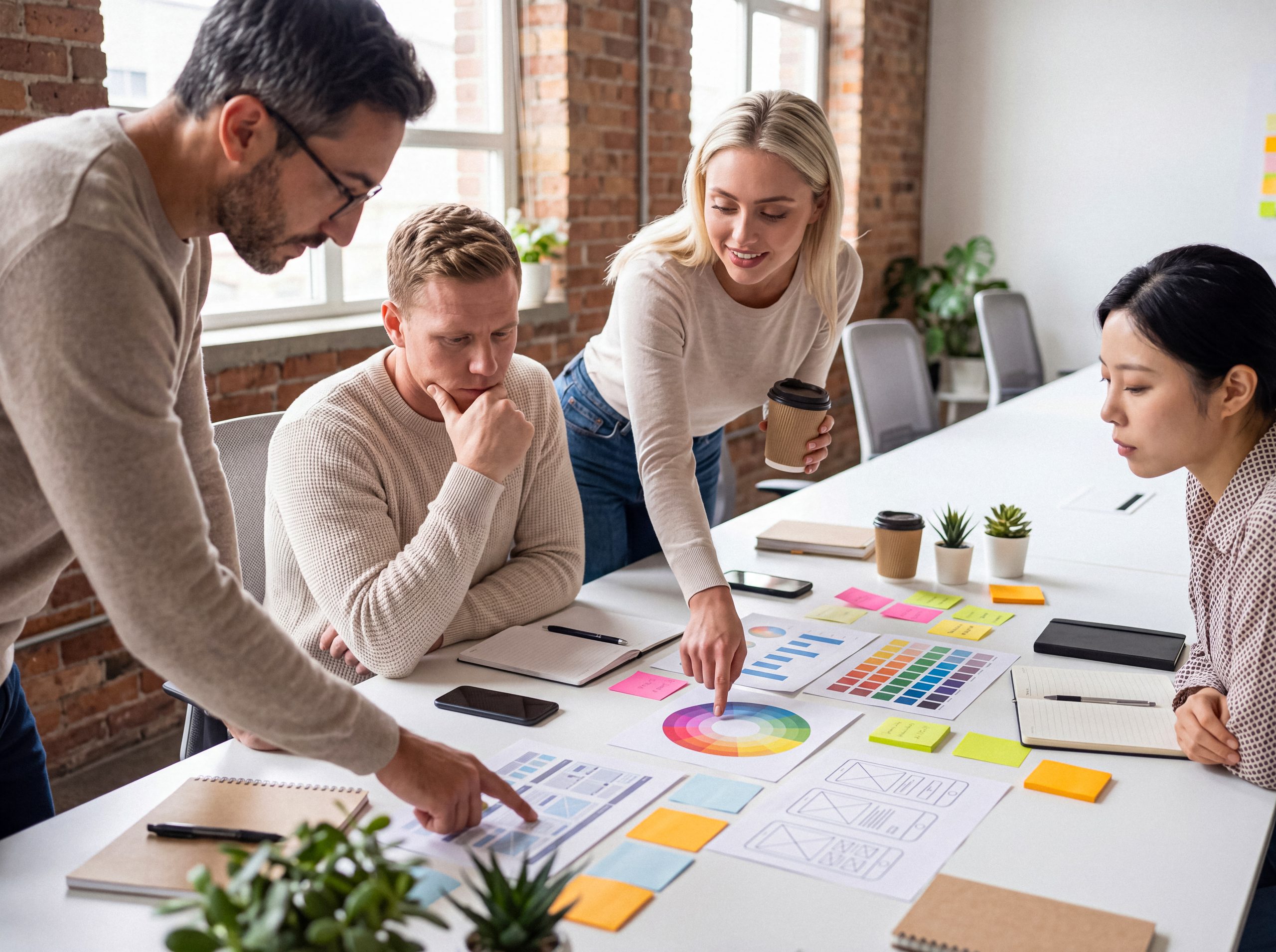 Small business team reviewing web design mockups and color palettes at an office table - illustrating the moment a Vero Beach business owner reads a web design quote and proposal.