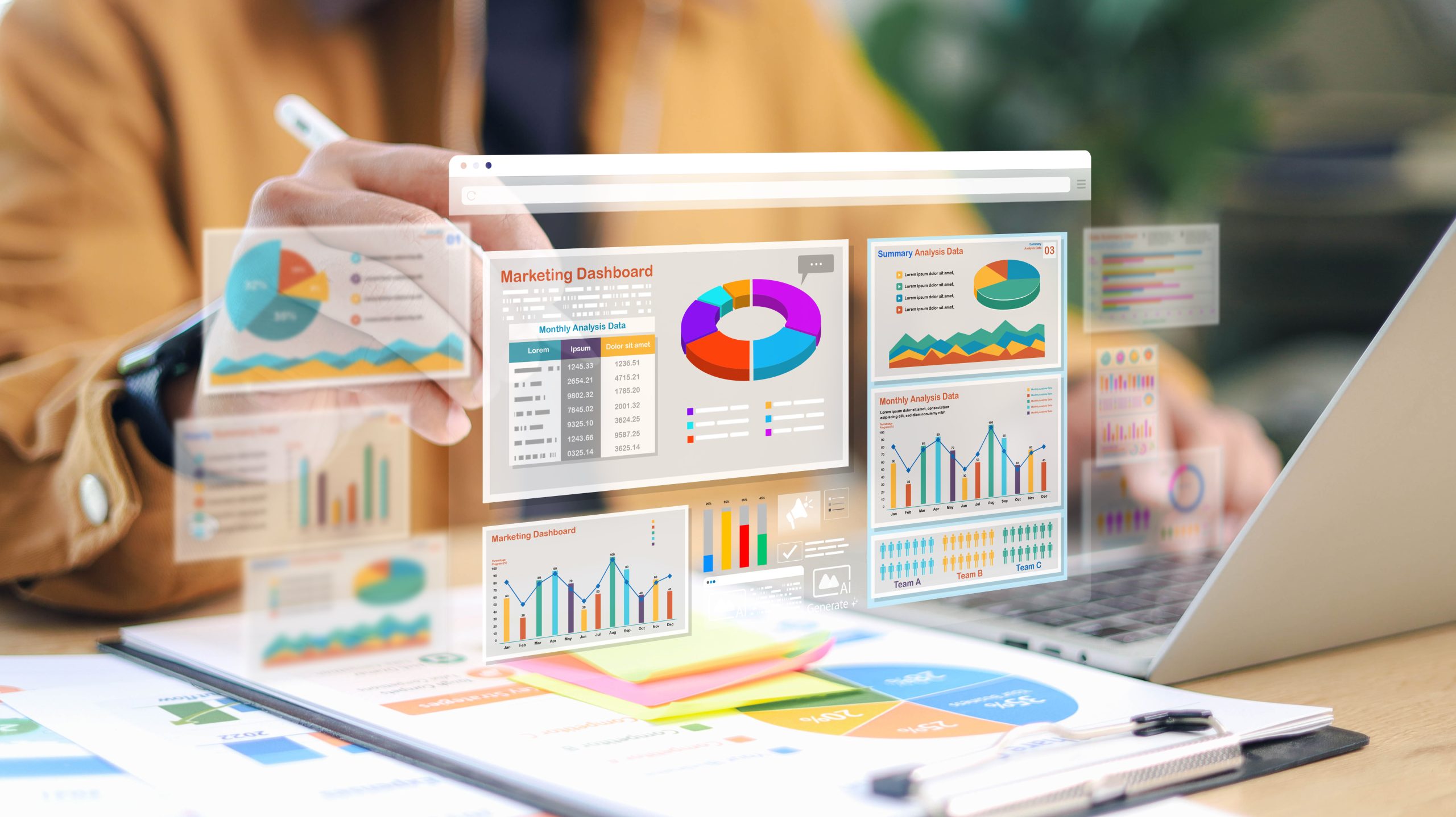 Business professional analyzing a marketing dashboard with data charts on a laptop and tablet