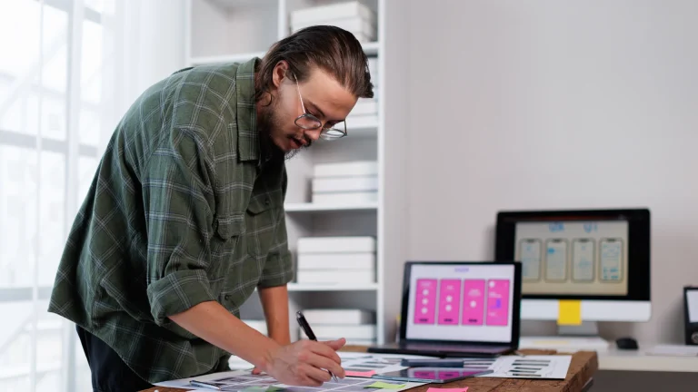 Man marking printed layouts at a desk with mobile designs on a laptop and monitor